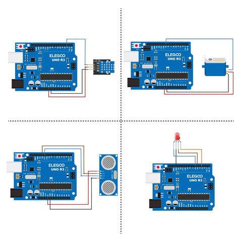 Diagram showing four Uno R3 Project Starter Kit setups with components, 63 modules, and LED for Arduino IDE beginner prototyping.