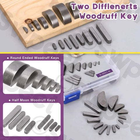 Swpeet 211-piece metric woodruff key set with round-ended and half-moon keys in storage case