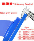 Heavy Duty Industrial Casters With Brakes Solid Rubber Wheels Ball Bearings Smooth Silent Roll Four Pack close-up of thickening bracket measuring 10mm.
