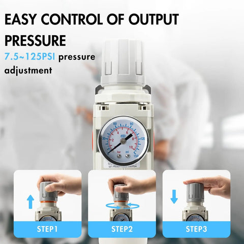 Half Inch NPT Air Pressure Regulator Water Separator for Air Compressors With 0 To 150 Psi Gauge control instructions