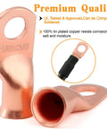 Close-up of copper lug from All In One Battery Terminal Kit With 260 Pcs AWG 8 To AWG 1 0 Bare Copper Ring Terminals Non Insulated Butt Connectors 65 Pcs Uninsulated Crimp Ferrule Lugs 65 Pcs Copper Lugs And 130 Pcs 3 To 1 Heat Shrink Tubes In A Two Sided Box
