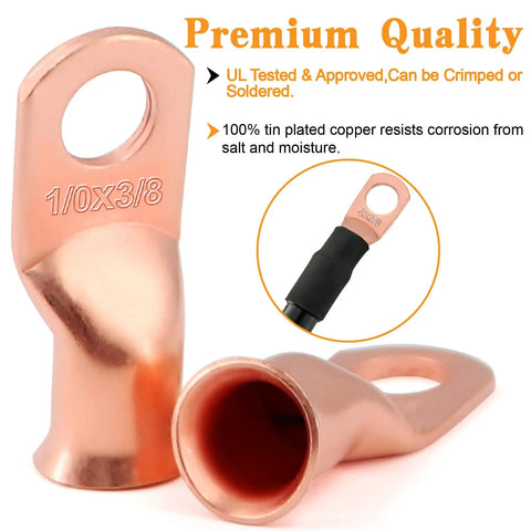 Close-up of copper lug from All In One Battery Terminal Kit With 260 Pcs AWG 8 To AWG 1 0 Bare Copper Ring Terminals Non Insulated Butt Connectors 65 Pcs Uninsulated Crimp Ferrule Lugs 65 Pcs Copper Lugs And 130 Pcs 3 To 1 Heat Shrink Tubes In A Two Sided Box