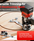 Cordless 800W Brushless Palm Router Kit for On The Go Woodworking, showing round cut on wood with edge guide attachment.