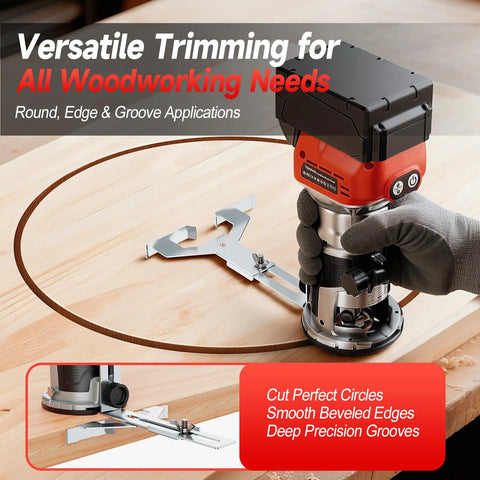 Cordless 800W Brushless Palm Router Kit for On The Go Woodworking, showing round cut on wood with edge guide attachment.