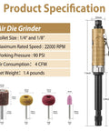 Badass Air Die Grinder With Extended Long Shaft For Tight Squeeze Tasks, Dual Collets, 22000 RPM, showing specifications and size details.