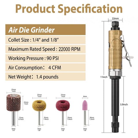 Badass Air Die Grinder With Extended Long Shaft For Tight Squeeze Tasks, Dual Collets, 22000 RPM, showing specifications and size details.