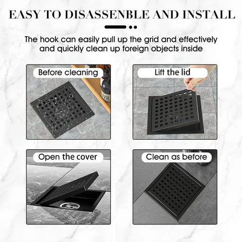 6 Inch Matte Black Square Shower Drain With Removable Flange Quadrato Grid Pattern In 304 Stainless Steel cleaning instructions