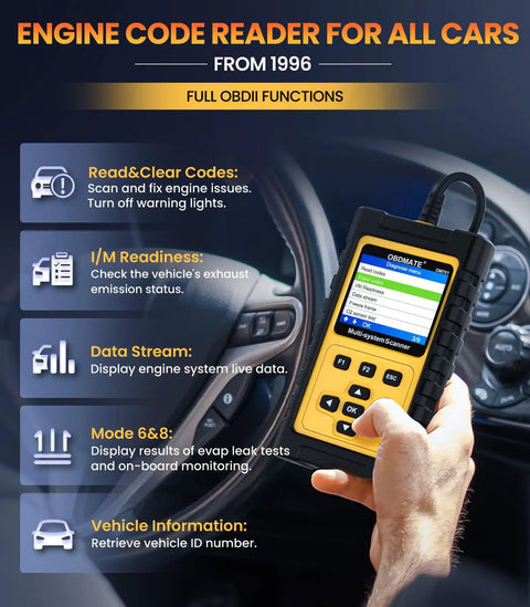 Person using Om701 All Systems OBD2 Scanner All-In-One For Toyota, Lexus, Scion on car dashboard showing diagnostic features.