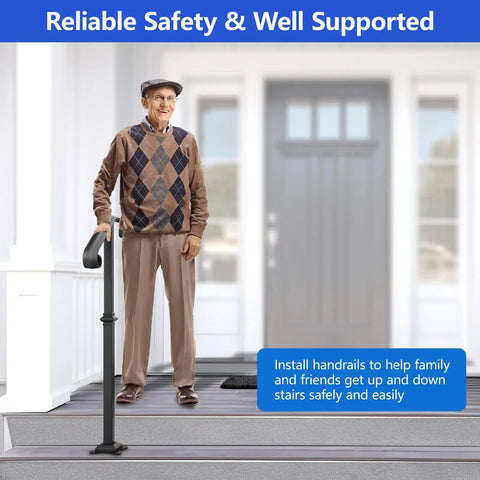 Man using Outdoor Steps Handrail Single Post For 1 To 2 Steps 38 Inch High Wrought Iron Rustproof Black Stair Railing on porch