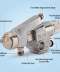 Detailed view of Heavy Duty Pneumatic Paint Sprayer showing aluminum body with adjustment knobs and ports for professional coating use.