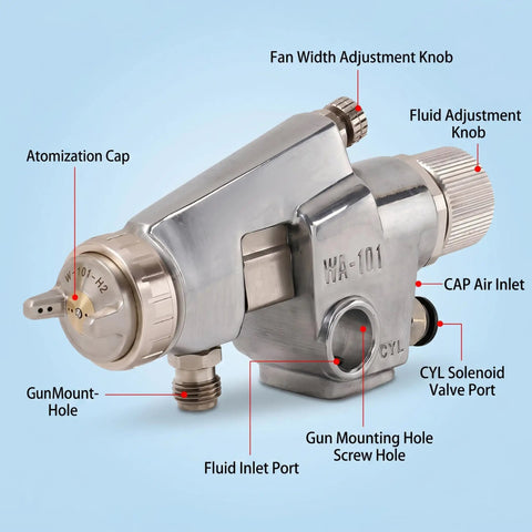 Detailed view of Heavy Duty Pneumatic Paint Sprayer showing aluminum body with adjustment knobs and ports for professional coating use.