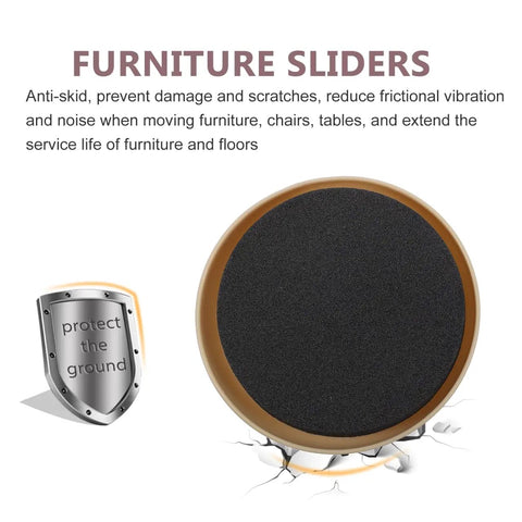 No Sweat Furniture Sliders Four Pack Reusable Floor Glide Pads For Hardwood Surfaces, round shape with anti-skid bottom.