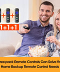 Three Pack Roku TV Remote Replacements With Auto Pairing, No Setup Needed shown with smiling couple enjoying popcorn.