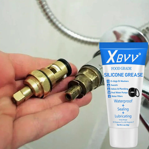 Silicone Grease Lubricant For Plumbing DIY Friendly Multipurpose Waterproof Lubricant For Faucets Valves O Rings Rubber Washers And More 1 Ounce Tube With Brush 1 Pack shown with plumbing components