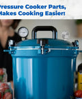 Pressure Regulator Weight And Vent Pipe Replacement Kit For Large Capacity Pressure Cookers And Canners Compatible With 10.5 To 41.5 Quart Models 910 915 921 925 930 941 shown on a blue pressure cooker.