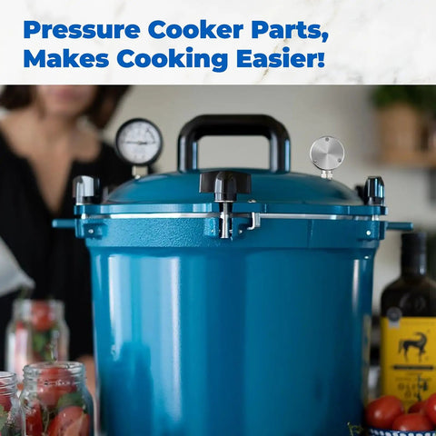 Pressure Regulator Weight And Vent Pipe Replacement Kit For Large Capacity Pressure Cookers And Canners Compatible With 10.5 To 41.5 Quart Models 910 915 921 925 930 941 shown on a blue pressure cooker.