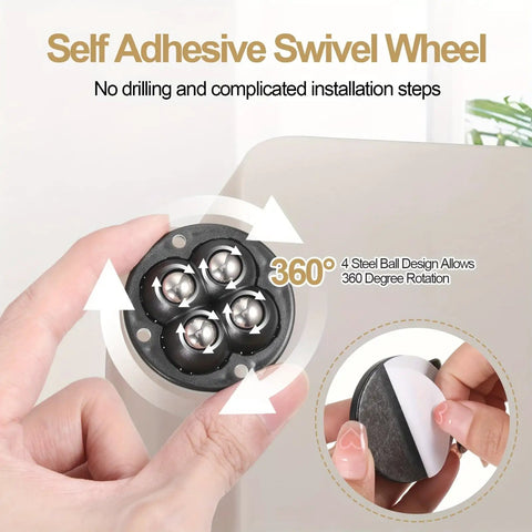 Close-up of No Sweat Peel And Stick Roller Caster Pack With Hella Smooth 360 Swivel Wheels showcasing 360 degree rotation design.