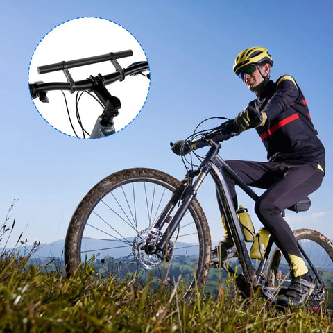 Cyclist on mountain bike with inset showing Ultra Long Bike Handlebar Extender Eleven Point Eight Inches Aluminum Alloy Cross Bar.