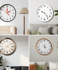 Collage of wall clocks with different designs above sofas and plants, illustrating usage of Three Shaft Size Quartz Clock Movement Kit.