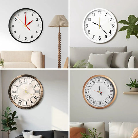 Collage of wall clocks with different designs above sofas and plants, illustrating usage of Three Shaft Size Quartz Clock Movement Kit.