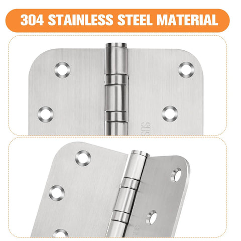 Front and side views of 304 stainless steel 4-inch heavy-duty ball-bearing door hinges, interior/exterior, 3-pack