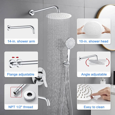 Bathtub Shower Faucet Set With Valve And Tub Spout 10 Inch Rain Shower Head And Handheld System Wall Mount Chrome Finish shown