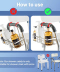 Sturdy 304 Stainless Steel Shower Caddy Hanging Organizer installed on shower chairs, showing correct and incorrect installation.