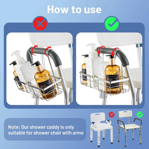 Sturdy 304 Stainless Steel Shower Caddy Hanging Organizer installed on shower chairs, showing correct and incorrect installation.