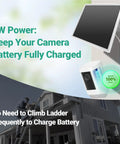 Mounted 2 Pack 8W Solar Panel Charger For Outdoor Cameras Compatible With Stick Up Cam Pro Plus, house in background.