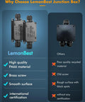 Comparison of Eight Pack IP65 Waterproof Junction Box Kit with PA66 material, brass screws, and international certification.