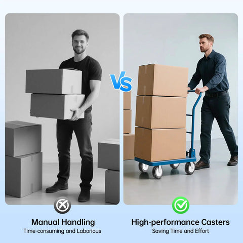 Comparison of manual lifting vs. using Heavy Duty 8 Inch Caster Wheels Set Of Four With 1323 Lbs Total Load 2 Swivel Casters 2 With Brakes.