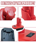 Close-up of red M18 to M12 battery adapter for Milwaukee 18V tools, showing connectors and adapter base details.