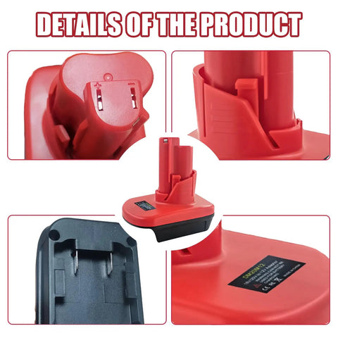 Close-up of red M18 to M12 battery adapter for Milwaukee 18V tools, showing connectors and adapter base details.