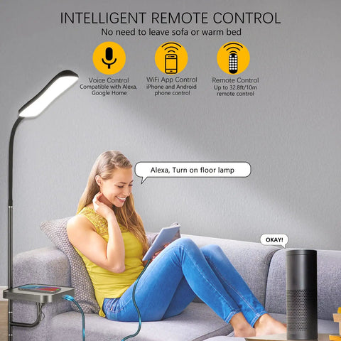 Smart LED Floor Lamp With Wireless Charger, 12W Dimmable Standing Lamp Stepless 2700-6500K Color Temperature, 1200 Lumens in use