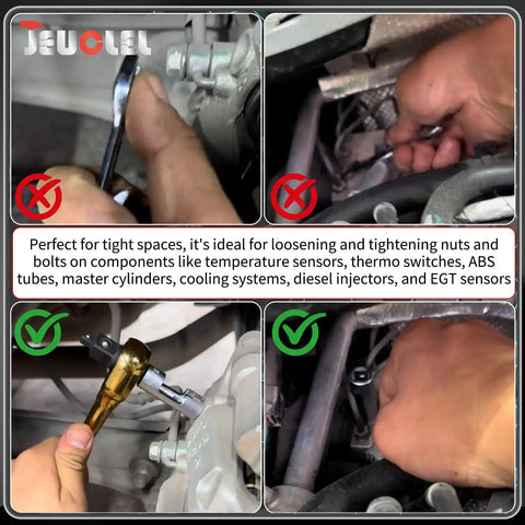 Hands using the 17mm Diesel Injector Fuel Line Socket Flare Nut Wrench with a ratchet in a tight engine space.