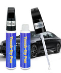Car Scratch Repair Kit With 2 Pack Touch Up Paint Pens And Varnish Clear Coat For Chips And Rim Scuffs in front of black car.