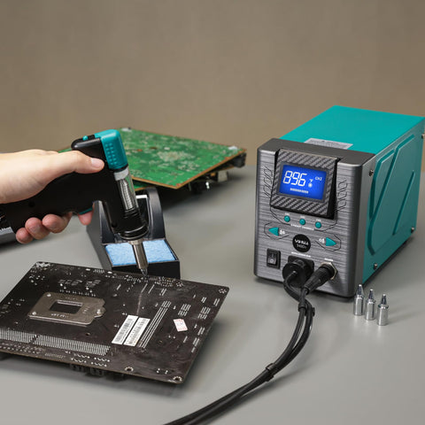 High Power 110W Desoldering Station With ESD Safe Build in use on multilayer PCB, temperature set at 896°F.