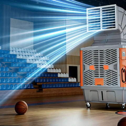 Top Shelf Heavy Duty Portable Evaporative Air Cooler With Six Blade Turbine And 3000W Motor providing cool air in a gymnasium setting.