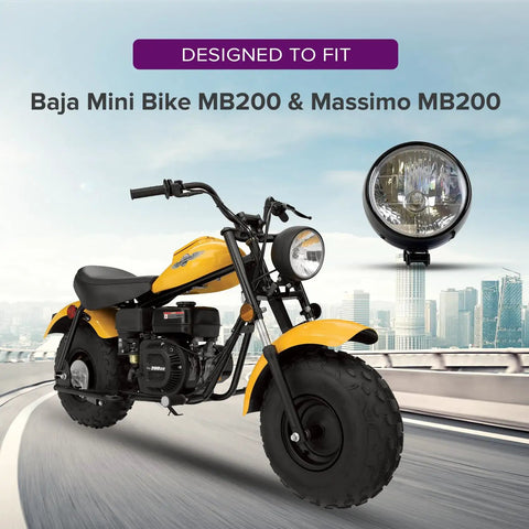 12 Volt Black Headlight Assembly Replacement For Baja Mini Bike MB200 With 35 Watt Bulb Included Easy Bolt On Fit And All Black Finish on bike