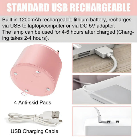 Cute LED Desk Lamp With Flower And Bird Design USB rechargeable base and cable with charging instructions