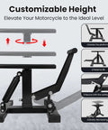 Beefy 400 Lb Motorcycle Jack Lift Stand With Adjustable Height Hydraulic Hoist Table shown with adjustable features