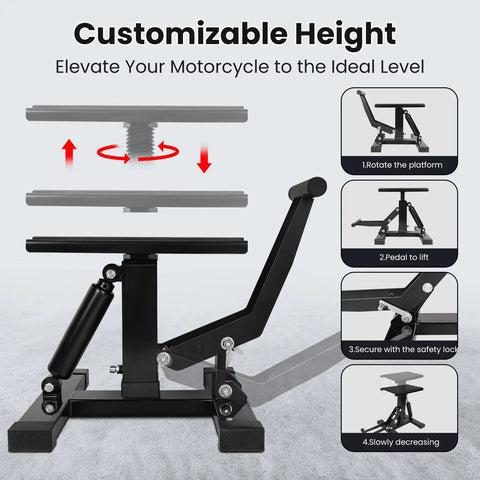Beefy 400 Lb Motorcycle Jack Lift Stand With Adjustable Height Hydraulic Hoist Table shown with adjustable features