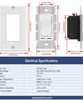 Single Pole Or 3 Way Dimmer Light Switch 1 Pack Heavy Duty Quick Install showing dimensions and electrical specifications.