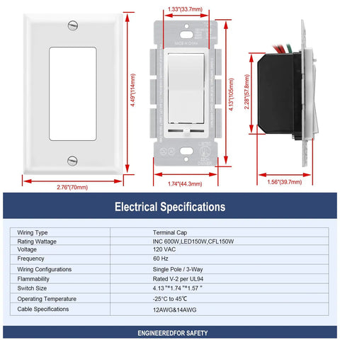 Single Pole Or 3 Way Dimmer Light Switch 1 Pack Heavy Duty Quick Install showing dimensions and electrical specifications.