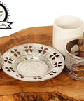 Turkish Coffee And Espresso Set With Copper Pot And Tray, 13 Piece Full Serving Kit With Porcelain Cups With Lids, Sugar Bowl, Turkish Delight Bowl, And All Essentials For Home Barista Ready Coffee Experience featuring silver tray, cup holder, and porcelain cup.