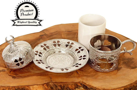 Turkish Coffee And Espresso Set With Copper Pot And Tray, 13 Piece Full Serving Kit With Porcelain Cups With Lids, Sugar Bowl, Turkish Delight Bowl, And All Essentials For Home Barista Ready Coffee Experience featuring silver tray, cup holder, and porcelain cup.