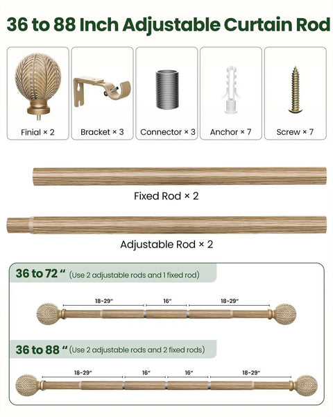 Boho Wood Curtain Rod Set 1 Inch Adjustable From 36 To 88 Inches With Imitation Wood Grain Leaf Finials, assembly parts displayed