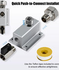 Three Quarter Inch Compressed Air Line Outlet Kit Featuring Two Anodized Aluminum Manifold Blocks Two Brass Valves Two MNPT Straight Fittings And Four NPT Plugs For Shop Or Garage Use Rated Up To Two Hundred PSI components including manifold block, brass valves, and fittings.
