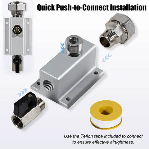 Three Quarter Inch Compressed Air Line Outlet Kit Featuring Two Anodized Aluminum Manifold Blocks Two Brass Valves Two MNPT Straight Fittings And Four NPT Plugs For Shop Or Garage Use Rated Up To Two Hundred PSI components including manifold block, brass valves, and fittings.