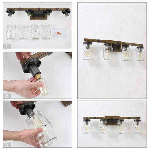 Rustic Farmhouse Vanity Light Fixture With Mason Jar Glass Shades White Wood Finish 29 Inch Four Light Bathroom Lighting